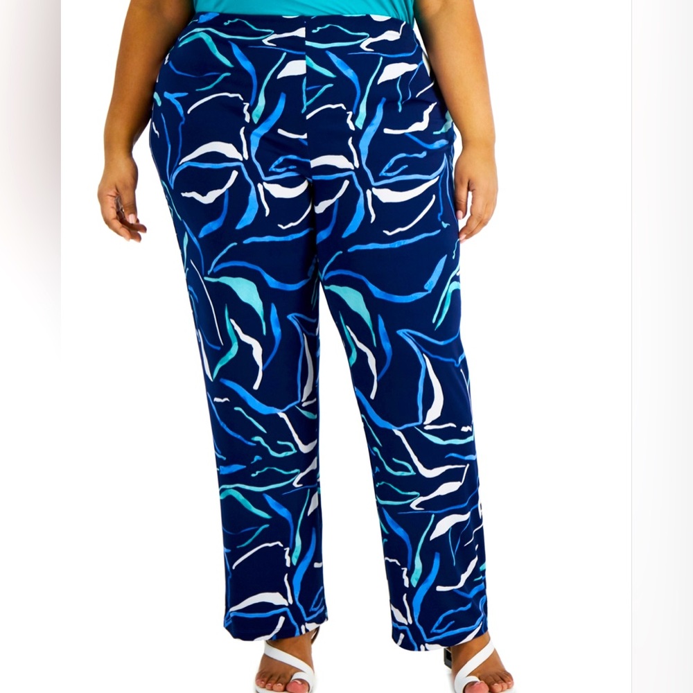 Alfani Plus Printed Straight Leg Pants, Created for Macy's - Soft Line Navy